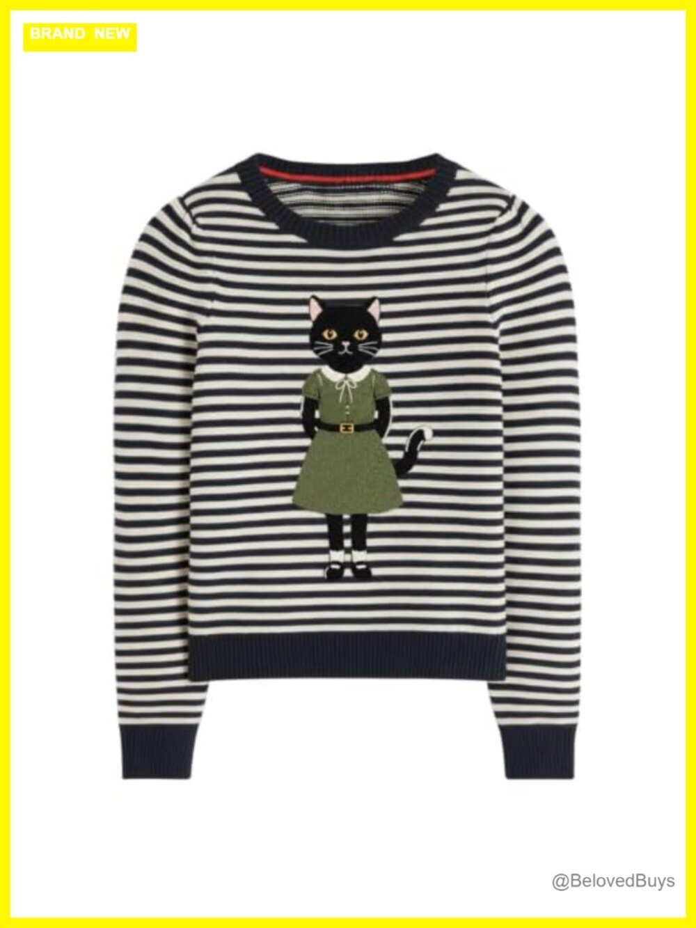 Women's Retro Knit Long Sleeve T-Shirt Cat Embroidered Crewneck Casual Tee
